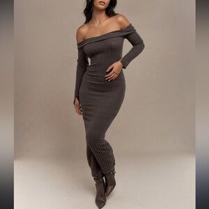 Off-Shoulder Ribbed Bodycon Midi Dress in Dark Brown